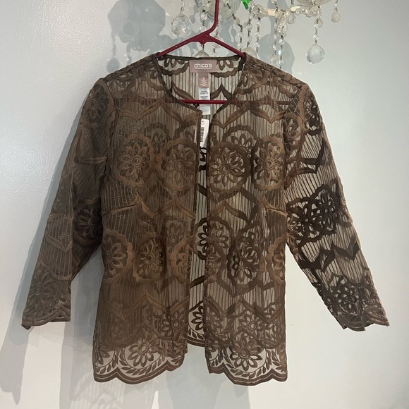 Chico's  Lace Sheer Open Front Jacket Bolero Mint! Size 2 (large) - Picture 1 of 4